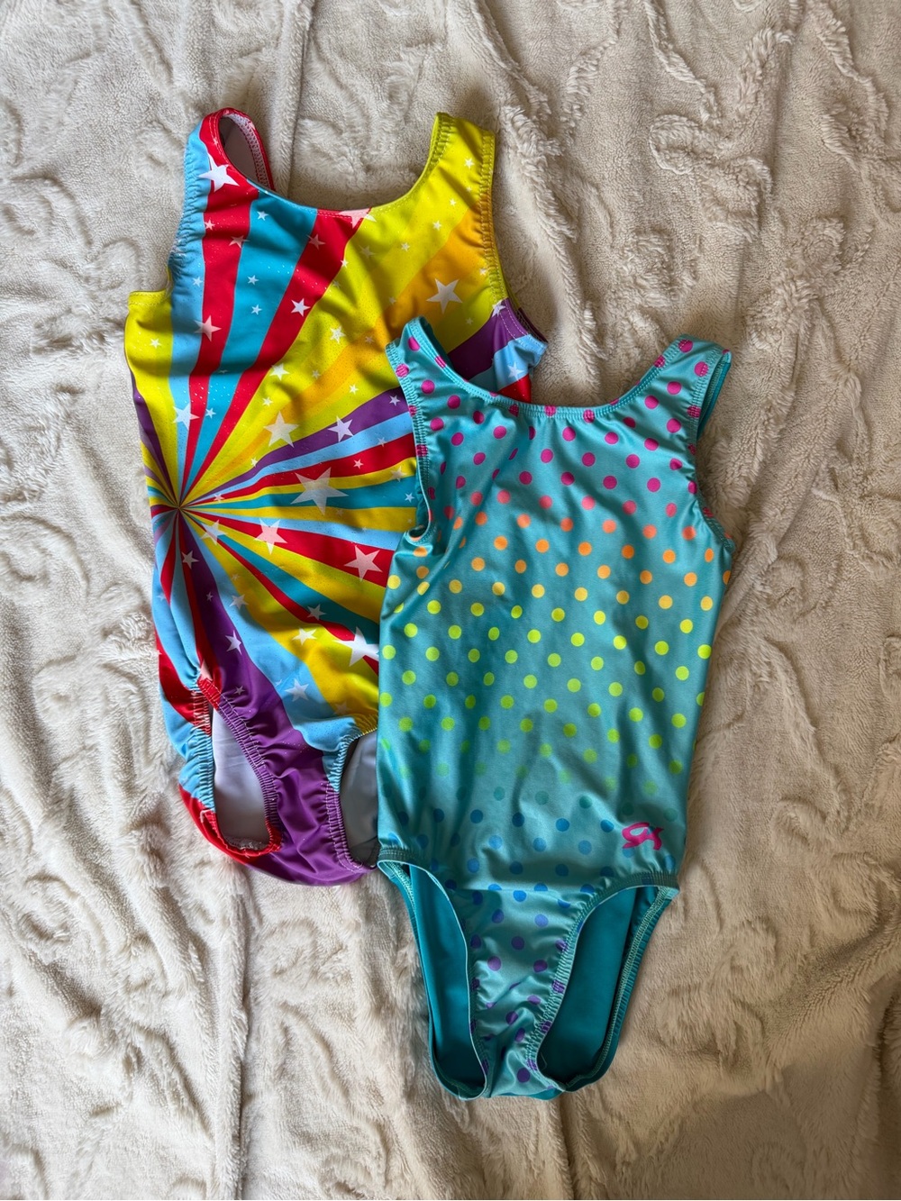 GK Rainbow Burst & Teal Polka Dot gymnastics leotards